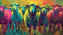 A Flock Of Sheep In Drawn Brightly Colored Style. Digital Art