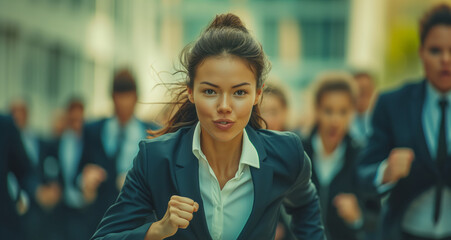 young businesswoman in navy suit winning the race