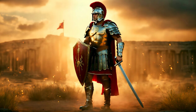 Roman male legionary (legionaries) wear helmet with crest, gladius sword and a scutum shield, heavy infantryman, realistic soldier of the army of the Roman Empire, on Rome background.