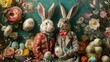 A whimsical portrayal of two anthropomorphic Easter bunnies in elegant vintage clothing, surrounded by colorful spring flowers and decorated eggs