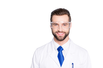 Wall Mural - Portrait of stylish positive scientist with hairstyle in white outfit with tie in protective glasses looking at camera isolated on grey background