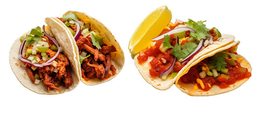 Mexican tacos al pastor bundle, side and top view, isolated on a white background, Transparent PNG 