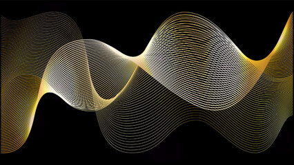 Black background with gold line swoosh. Abstract luxury pattern for sound music waves or wind. Vip flyer of future award elegant golden 3d ribbon swirl on dark.