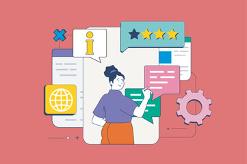 Poster - Contact us concept in flat neo brutalism design for web. Woman chatting with operator, getting information, solutions and answers. Vector illustration for social media banner, marketing material.