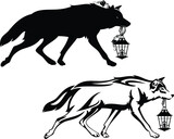 Fototapeta Boho - running fairy tale wolf carrying lamp with rose flowers side view outline and silhouette - black and white vector design of fantasy animal showing the way