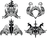 Fototapeta  - pair of elegant swan birds with bent neck and spread wing, heraldic shield, royal crown and knight sword - medieval style fairy tale coat of arms black and white vector design set