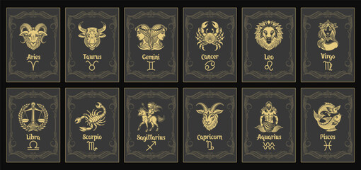 Wall Mural - Set of astrology zodiac signs, mystical icons in vintage frames. Gold design. Esoteric symbols for logo or icons. Vector