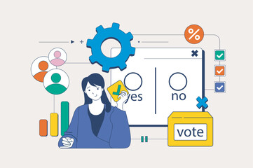 Leinwandbilder - Online voting concept in flat neo brutalism design for web. Woman making decision and filling virtual vote form at democratic election. Vector illustration for social media banner, marketing material.