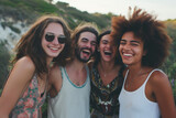 Fototapeta Młodzieżowe - Joyful group of four friends laughing outdoors