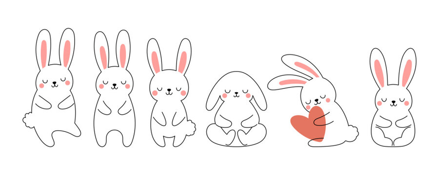 Cute little Easter bunny outline sketch collection in different poses. Cartoon rabbit character for kids cards, baby shower, invitation, poster. Vector stock illustration