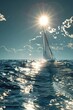 The beauty of a sailboat gracefully moving through a glassy sea under the bright sun. glossy