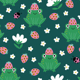Fototapeta Pokój dzieciecy - Frogs with strawberries seamless pattern