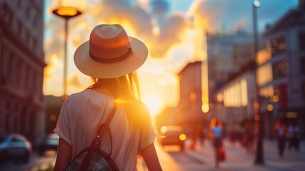 Woman walking in the city at sunset 