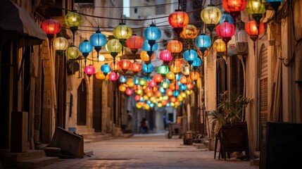 colorful Ramadan lanterns decorating a Middle Eastern street