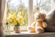 Golden teddy bear with yellow flowers in sunlit room