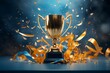 Winner Champion trophy and golden shiny cup with flying confetti background. 3d rendering