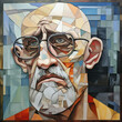 Abstract cubist painting of a bearded intellectual with classic glasses in thoughtful repose