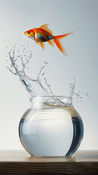 Goldfish jumps out of round aquarium, white background with sun rays. Getting out of the comfort zone. Generative AI