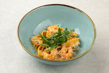 Canvas Print - Portion of italian pappardelle pasta with shrimp