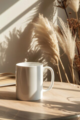 Design mockup with empty blank white mug on the table with pampas grass in the background. Beige color tones. Sunlight window shadows. Commercial e-shop print photography concept.