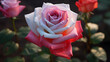 Jolies roses de jardin, colorées. De couleur rose et blanc. Nature, fleurs, beauté. Coucher de soleil. Lumière tamisée, printemps. Pour conception et création graphique.