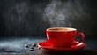red coffee cup filled with a steaming hot coffee
