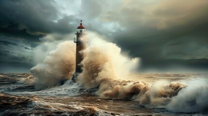  lighthouse in the middle of the sea with big beach waves