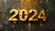 New year 2024 with text in gold letters on dark brown background