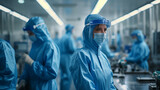 Fototapeta Londyn - microelectronic engineers wearing blue protective suits while working. Engaged in the intricate process of semiconductor manufacturing, they demonstrate expertise within a cleanroom environment.