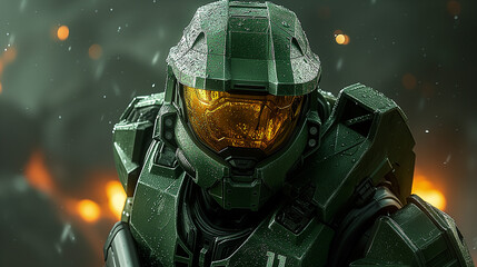 Master Chief, armed with a weapon, stands against the backdrop of the iconic Halo universe, confronting the Covenant