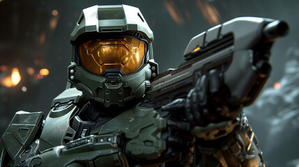 Master Chief, armed with a weapon, stands against the backdrop of the iconic Halo universe, confronting the Covenant