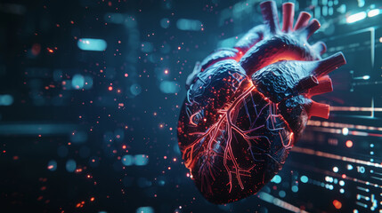 Wall Mural - Black with red veins 3d futuristic model of human heart, cardiac healthcare concept. Scientific template. Generative AI