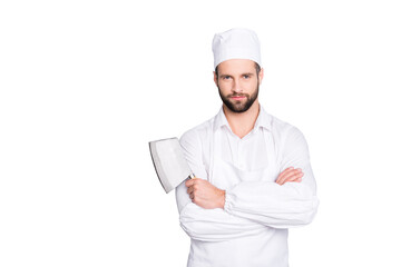 Canvas Print - Portrait of handsome attractive butcher in beret having his arms crossed holding metal cleaver looking at camera isolated on grey background