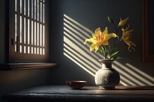 Sunlight Casts Stripes Across A Room, Highlighting A Vibrant Yellow Lily Flower In A Carved Vase