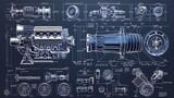 Fototapeta  - Blueprint of turbo engine machinery in blue with detailed another machine AI Image Generative