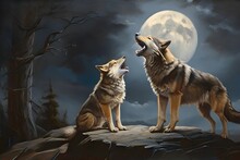 A Beautiful Oil Painting Depicting A Wolf And A Puppy Howling At The Moon, Capturing The Essence Of Nature And Companionship. Generative AI