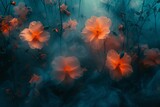 Fototapeta Kwiaty - Mystical Flowers in the Dark with Fog and Orange Lights Against a Blue Sky Background