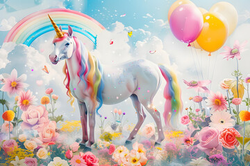 Wall Mural - colorful unicorn with vibrant rainbow, balloons, and flowers in a whimsical scene