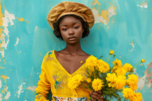 A fashion-forward female with a stunning afro and orange hat stands against a yellow wall