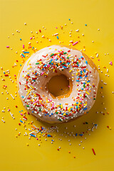 Frosted sprinkled donut. One isolated doughnut with sprinkles isolate on yellow background 