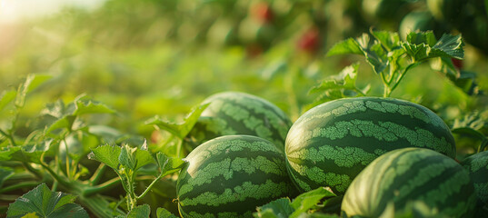 Ripe large watermelons on a watermelon field, background blurred.
