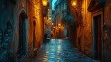 Fototapeta Uliczki - Evening lights cast a warm glow on the wet cobblestones of a narrow alley in a historic Italian town, flanked by old buildings