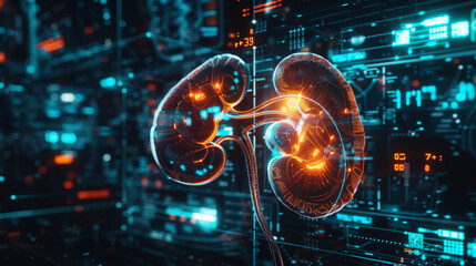 Wall Mural - Dark 3d futuristic model of human kidneys, nephrology healthcare concept. Scientific researches and data. Generative AI