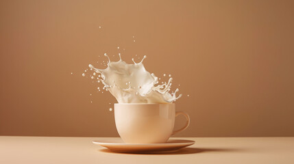 Wall Mural - Milk cream exploding with splashes from cup. Coffee concept. Beige background, copy space. Generative AI