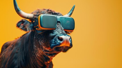 Wall Mural - A bull wearing a pair of 3d glasses with an orange background, AI