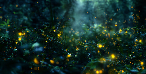 Wall Mural - background with stars, Firefly Bioluminescence Symphony A group of fireflies blink in synchronized patterns, creating a mesmerizing display of light and communication  photography