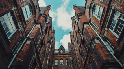 Poster - A view of a tall building with windows and blue sky, AI