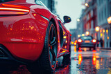 Fototapeta Tęcza - luxury red sports car in the city on road at night. Taillight close-up