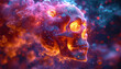 © annebel146 - Side view of model of the human skull in neon red,pink and blue lights on the dark background. Concept of terror, physiology learning and drawing. Halloween decor concept. Selective focus, copy space