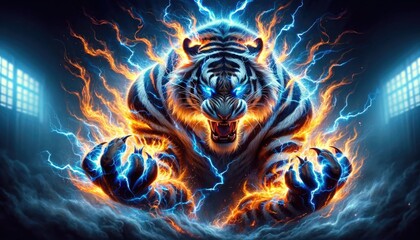 Dynamic digital art of a tiger roaring amidst a storm of fire and lightning, symbolizing power and ferocity.